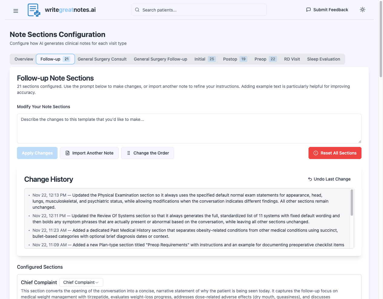 Grail follow-up visit note sections showing configurable clinical documentation structure