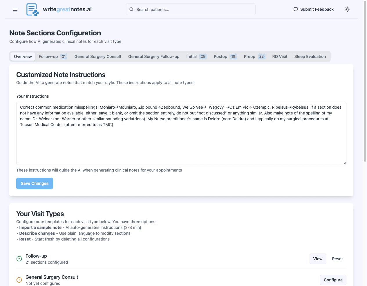 Grail note sections page showing configurable clinical documentation sections